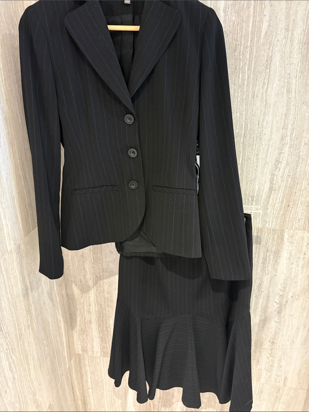 Women’s Black Pinstripe Blazer and Skirt Suit